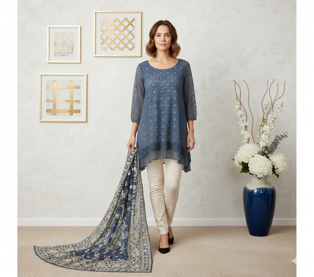 Ashir Studio crochet and lace shark bite tunic worn by a model, showcasing its detailed design and flowing fit.