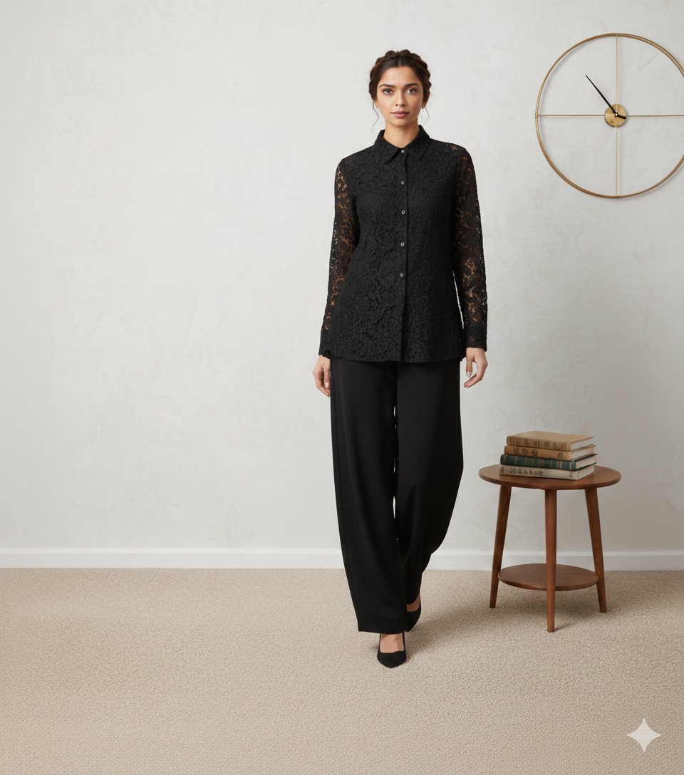 Black lace long-sleeve button-down shirt by Ashir Studio, shown on a model, featuring intricate lace details and classic fit.