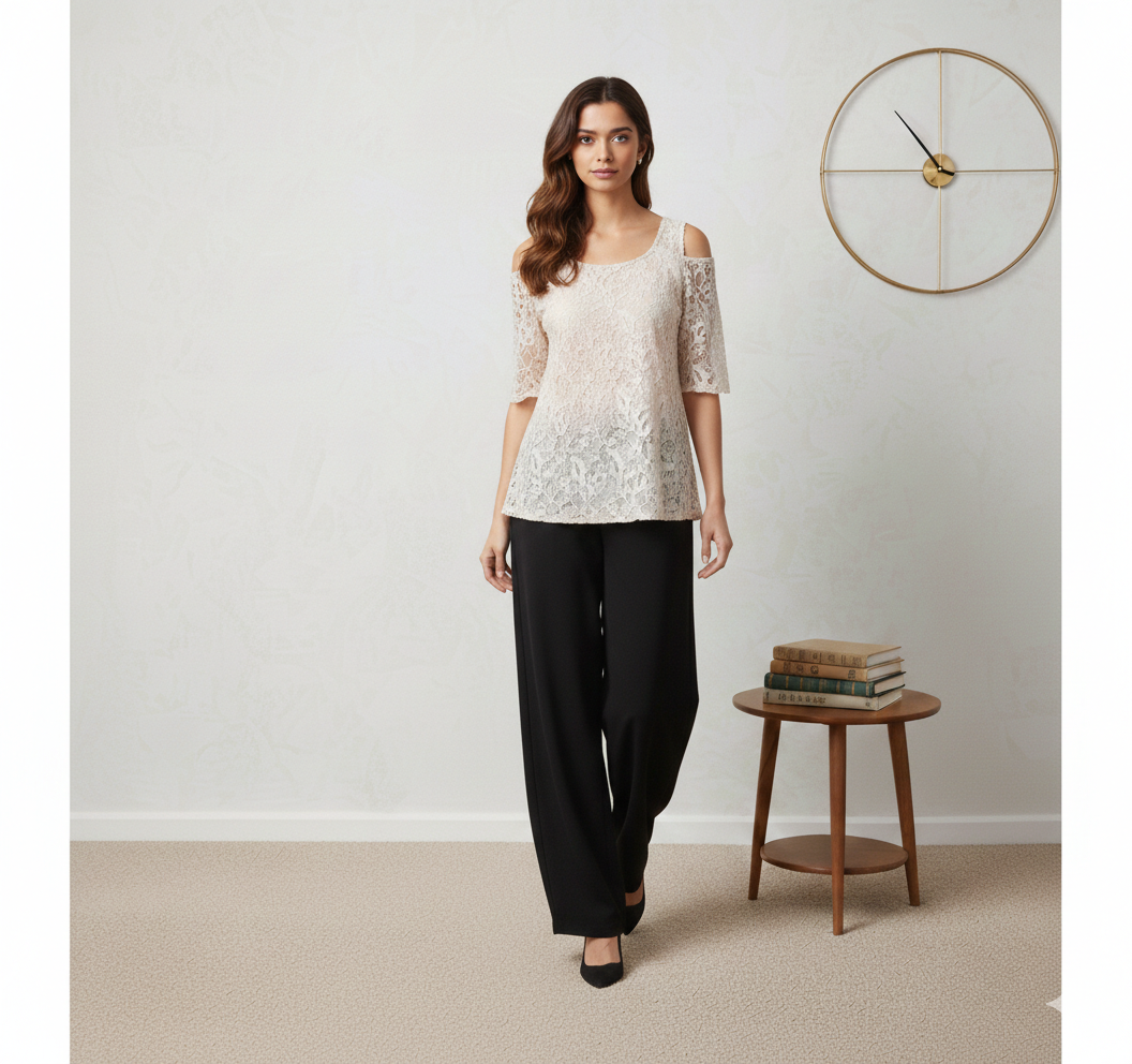 Model wearing Ashir Studio cold-shoulder floral lace blouse, showcasing intricate lace details and stylish design.