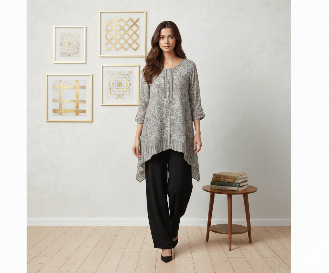 Printed high-low button-down tunic by Ashir Studio featuring a flowing fabric and stylish design, shown on a model.