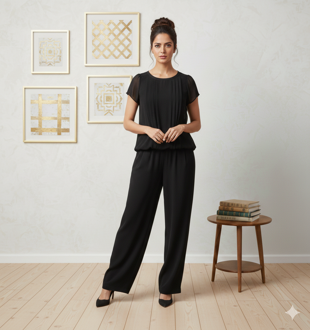Ashir Studio pleated chiffon bubble blouse worn by model, showcasing lightweight, flowy fabric and stylish design.