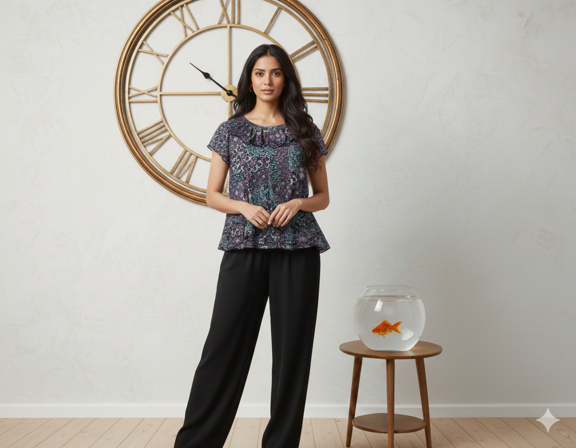 Floral tiered ruffle blouse by Ashir Studio, showing lightweight fabric with layered ruffles and floral pattern on a model.