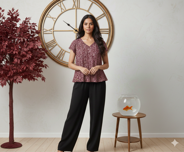 Floral V-neck flutter sleeve blouse by Ashir Studio, shown on a model with a light-colored background and delicate floral pattern.