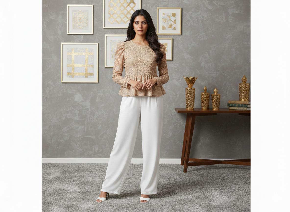 Long-sleeve lace peplum blouse by Ashir Studio featuring intricate lace details and a fitted peplum silhouette.