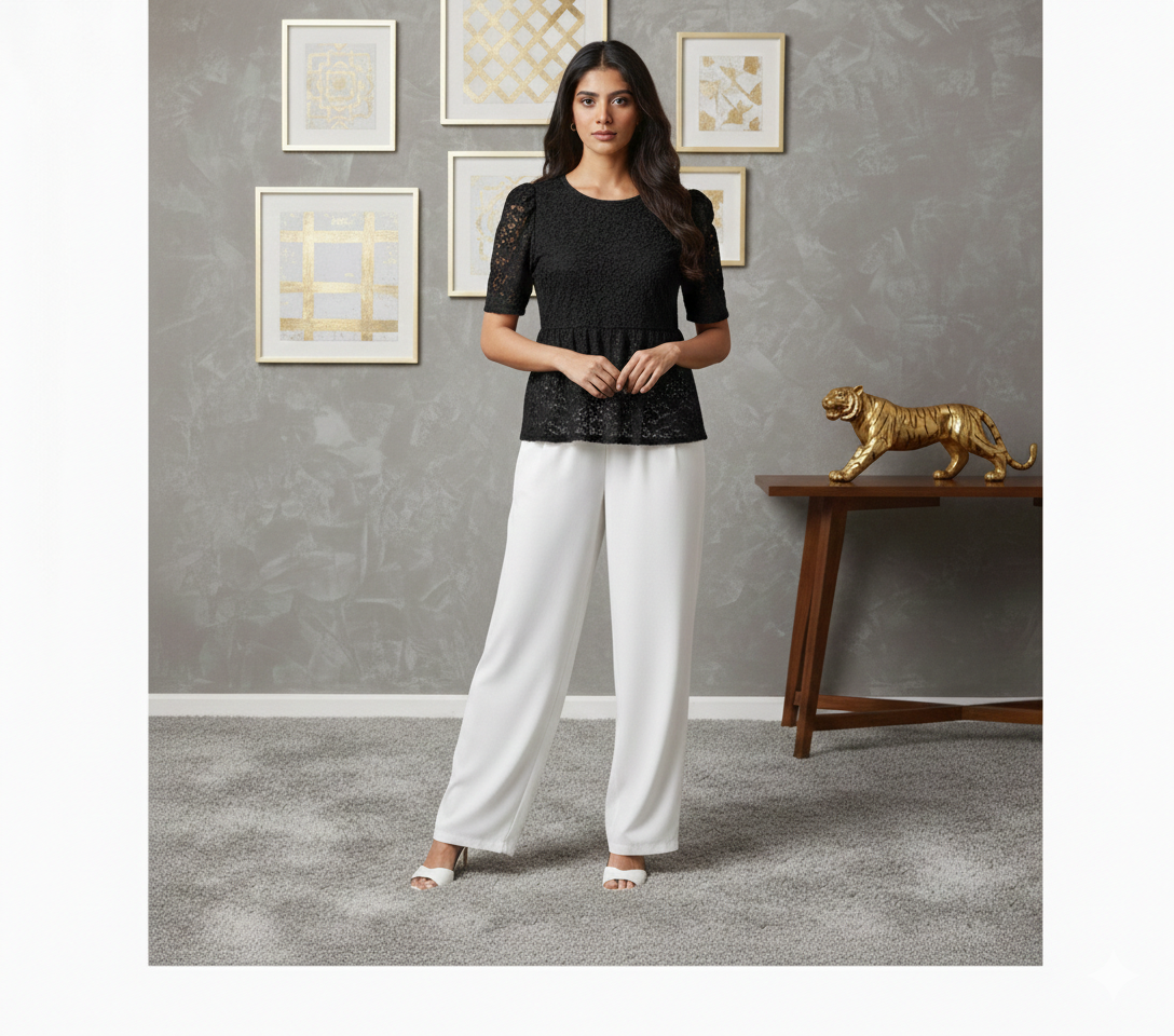 Black short-sleeve lace T-shirt from Ashir Studio with intricate lace detailing, lightweight fabric, and a fitted silhouette.