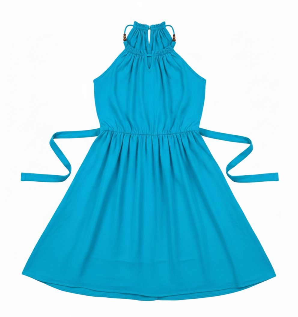 Ashir Studio teal halter cloth with tied straps, showcasing its stylish design and vibrant color.
