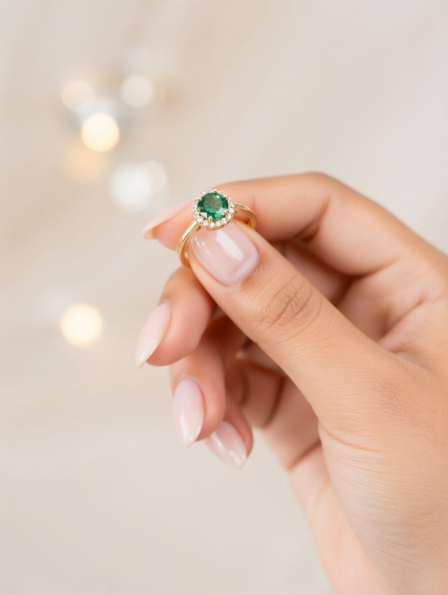 Elegant emerald green zirconia halo ring by Ashir Studio, 18K gold plated, featuring a sparkling central gemstone and intricate band design.