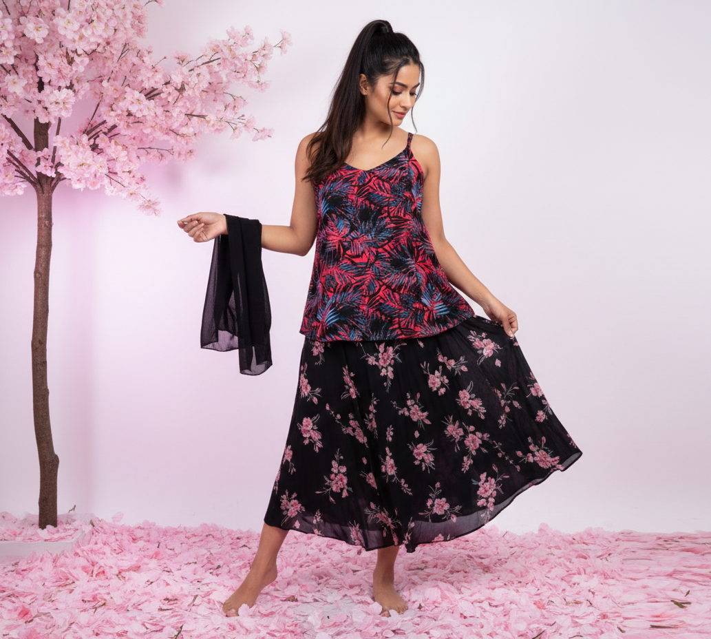 Ashir Studio Bloom Floral Cardigan Coat worn by model, featuring vibrant floral patterns and cozy knit fabric for stylish warmth.