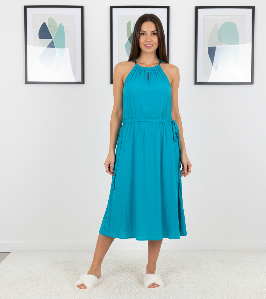 Ashir Studio teal halter cloth showing the front view on a model, featuring a stylish halter neckline and flowing fabric.