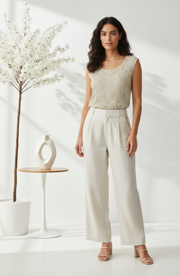 Champagne-colored crinkle-textured sleeveless top from Ashir Studio, showcasing a stylish and lightweight cloth design.