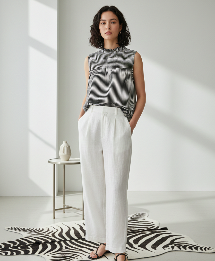 Black and white striped sleeveless mock neck blouse by Ashir Studio, shown on a model, highlighting stylish casual fashion.