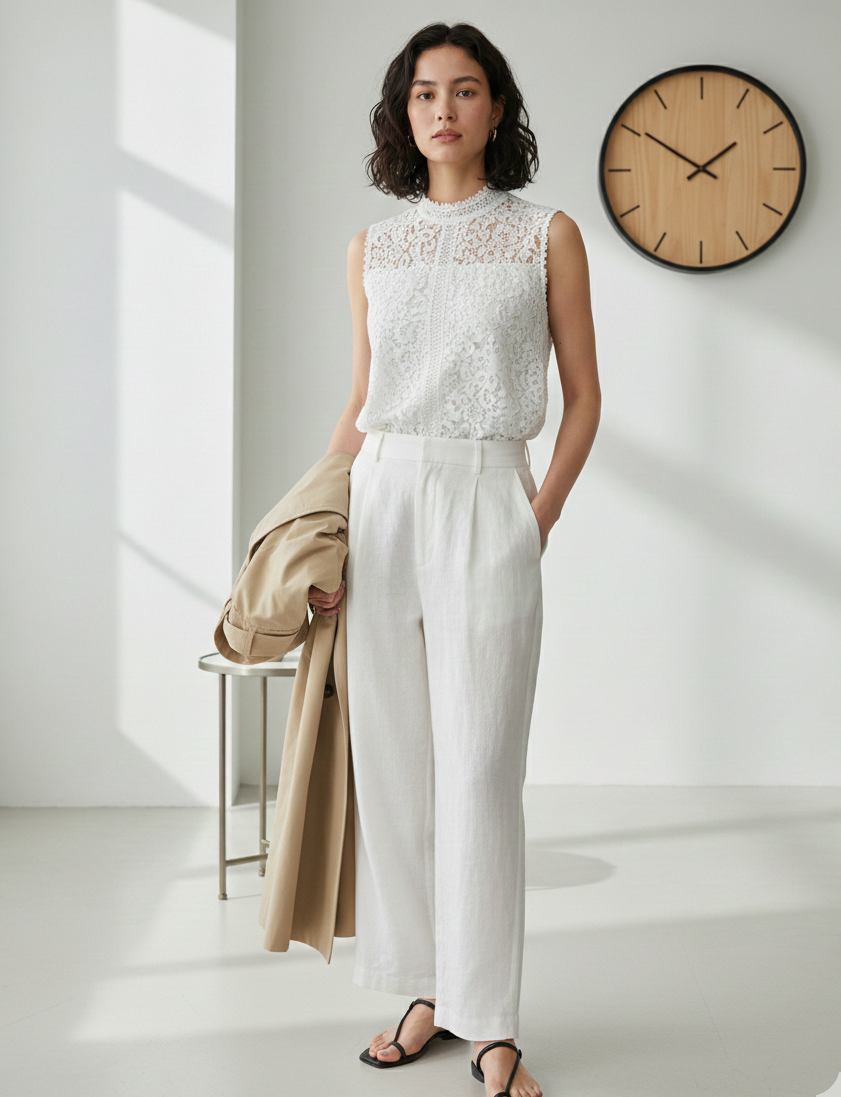 White sleeveless lace mock neck top by Ashir Studio, shown on a model, with detailed lace fabric and fitted design.
