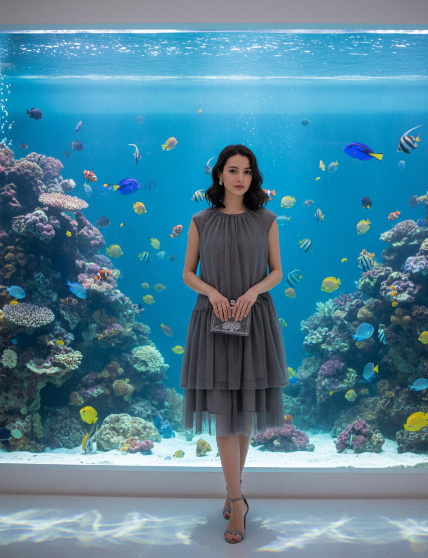 Light grey mini dress from Ashir Studio, featuring a stylish, fitted design with short sleeves, shown on a model.