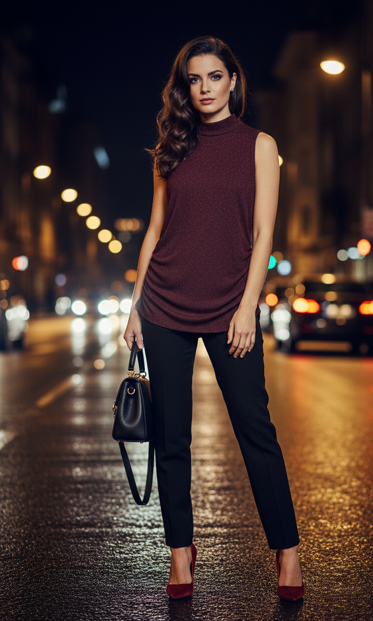 Ashir Studio sleeveless mock neck top displayed on a model, featuring a fitted design and stylish neckline.