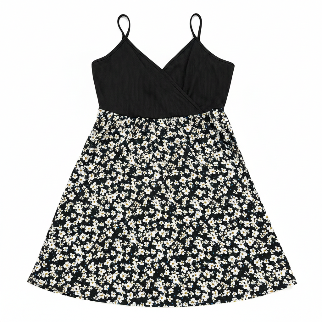 Floral print surplice cami dress by Ashir Studio displayed on a mannequin, featuring a flattering V-neck and lightweight fabric.