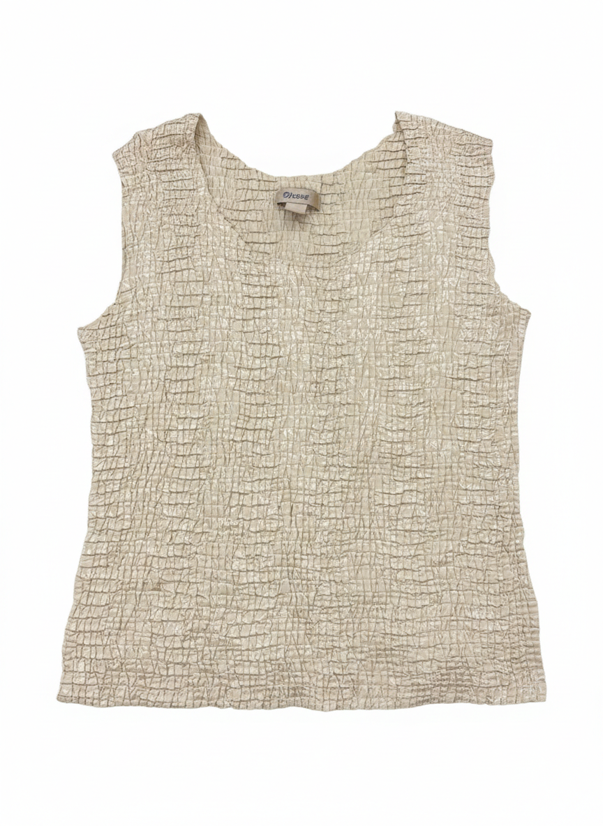 Champagne-colored crinkle-textured sleeveless top from Ashir Studio, showcasing its stylish fabric and sleeveless design.