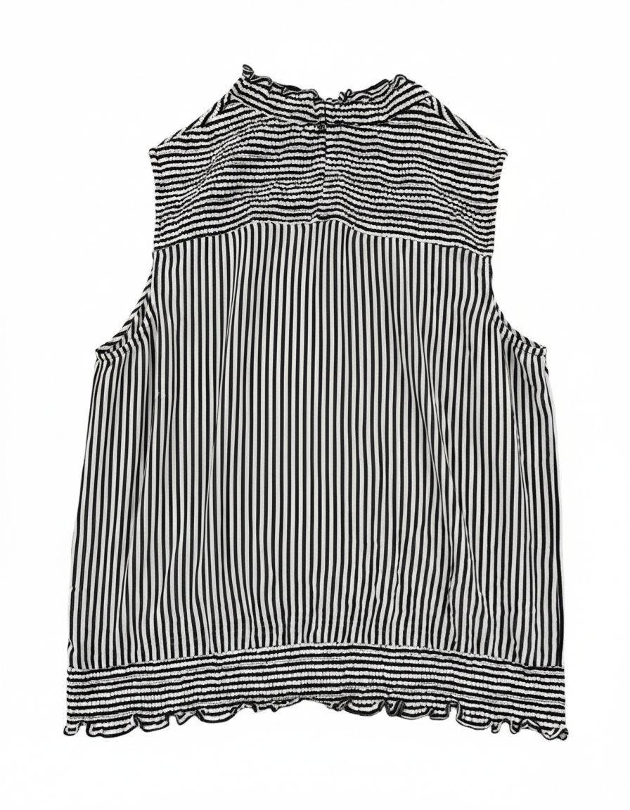 Black and white striped sleeveless mock neck blouse from Ashir Studio, shown on a hanger with a close-up of fabric details.