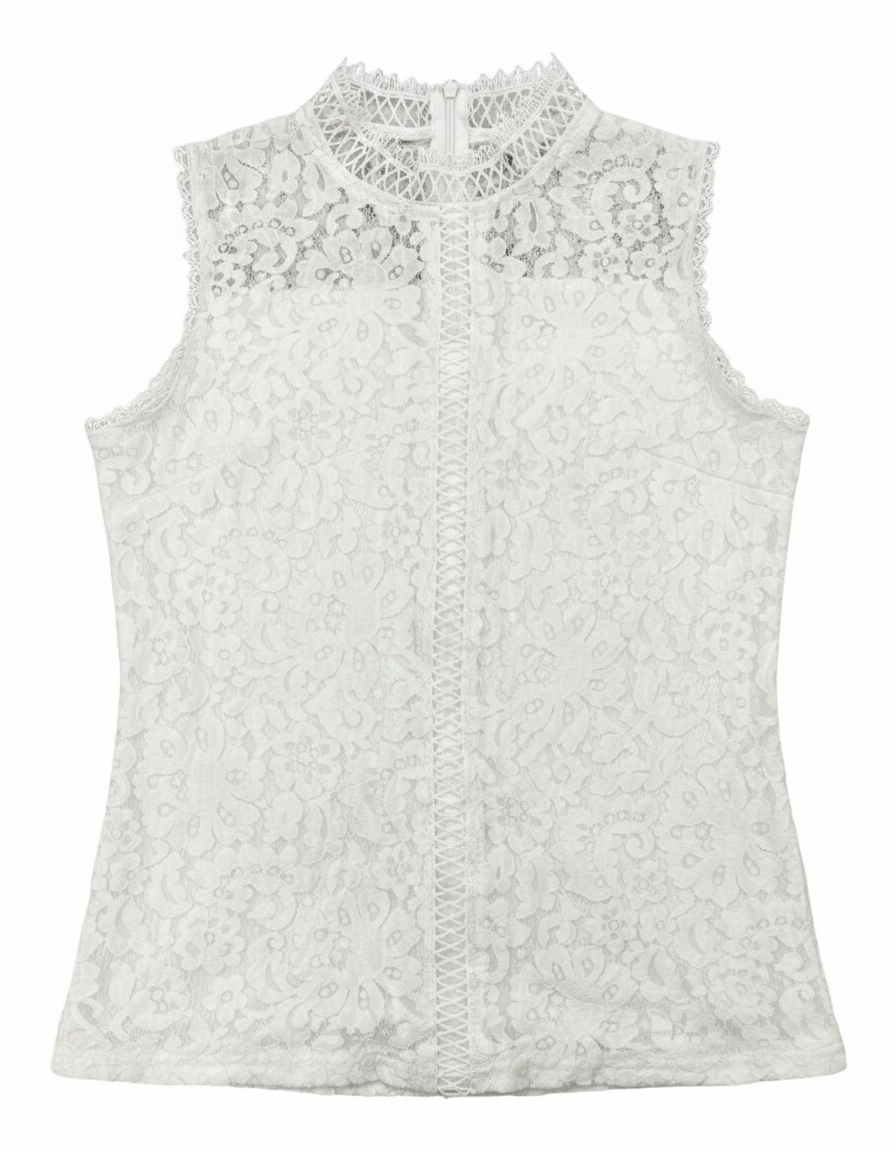 White sleeveless lace mock neck top by Ashir Studio, showing intricate lace details and sleeveless design on a plain background.