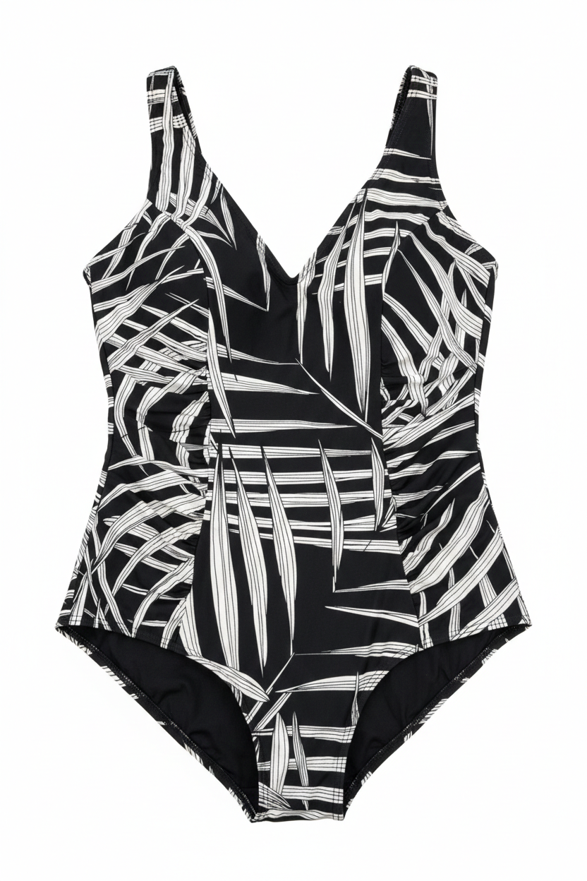 Black and white tropical leaf one-piece cloth from Ashir Studio, featuring a vibrant botanical print and comfortable fit.