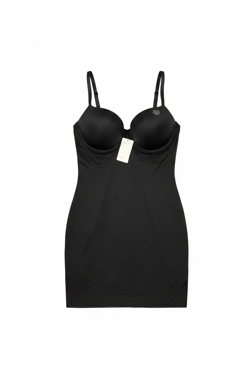 Black spaghetti strap bodycon mini dress by Ashir Studio, close-up of fitted dress with sleek fabric and thin straps.