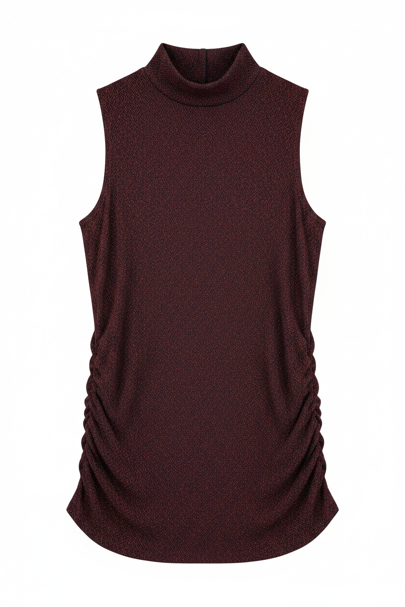 Ashir Studio sleeveless mock neck top in soft fabric, shown on a hanger with a neutral background, highlighting the stylish design.