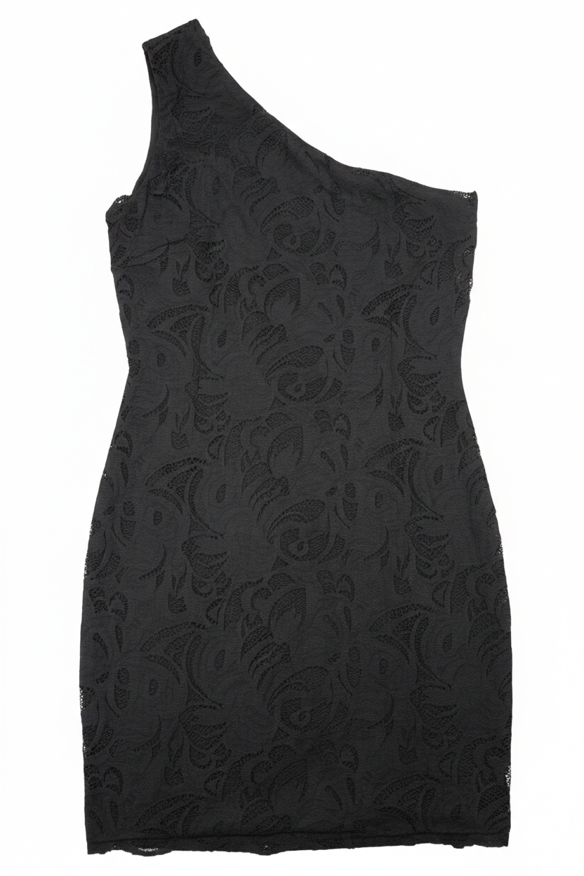 Ashir Studio one-shoulder black bodycon mini dress displayed on a hanger, showcasing its sleek fit and stylish design.