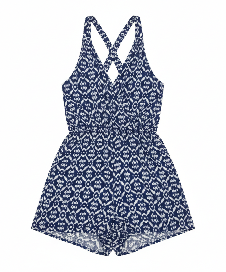 Ashir Studio Ocean Ikat Romper featuring a colorful, patterned fabric design perfect for casual wear.