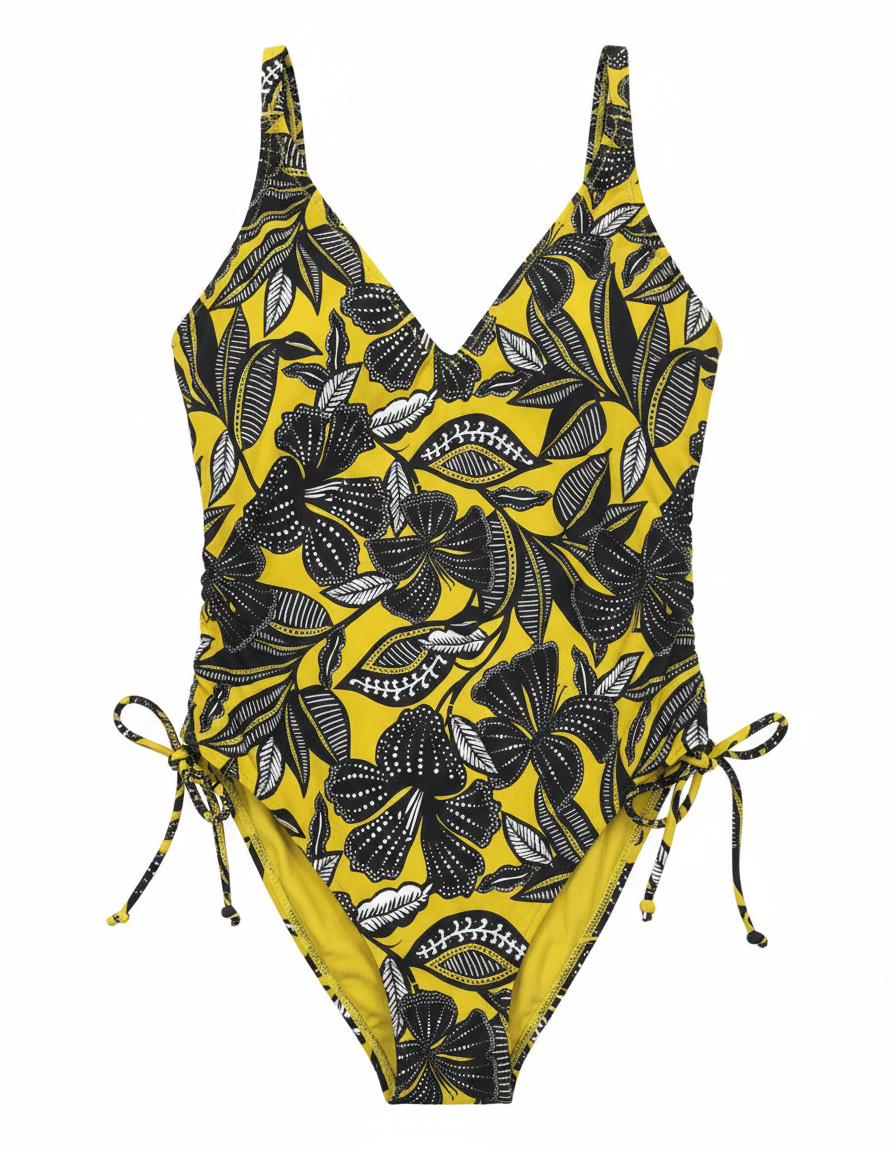 Yellow tropical leaf print one-piece swimsuit by Ashir Studio, featuring vibrant tropical leaf patterns and a flattering fit.