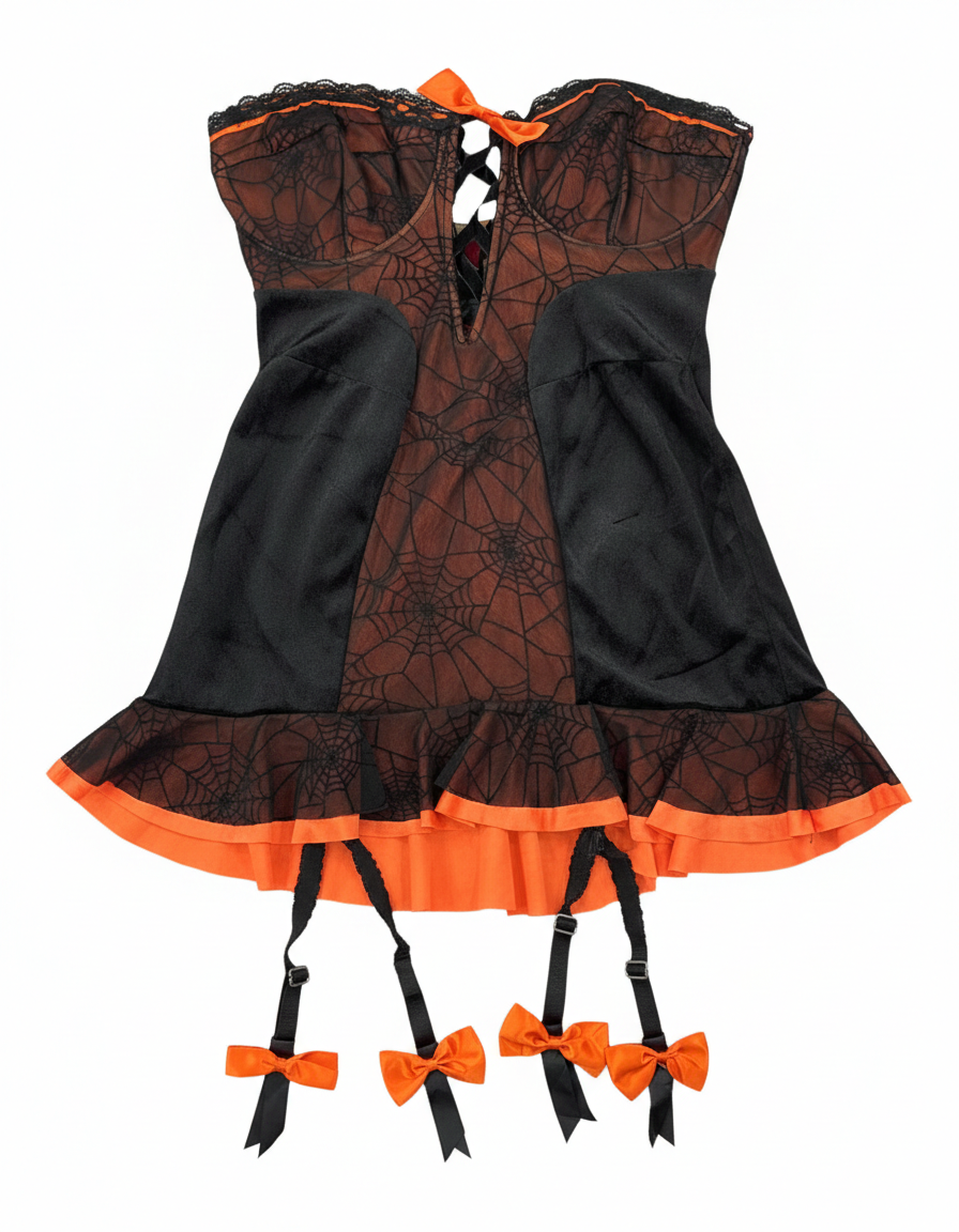 Black Halloween Spider Corset from Ashir Studio, featuring a fitted cloth design with spider embellishments and adjustable laces.