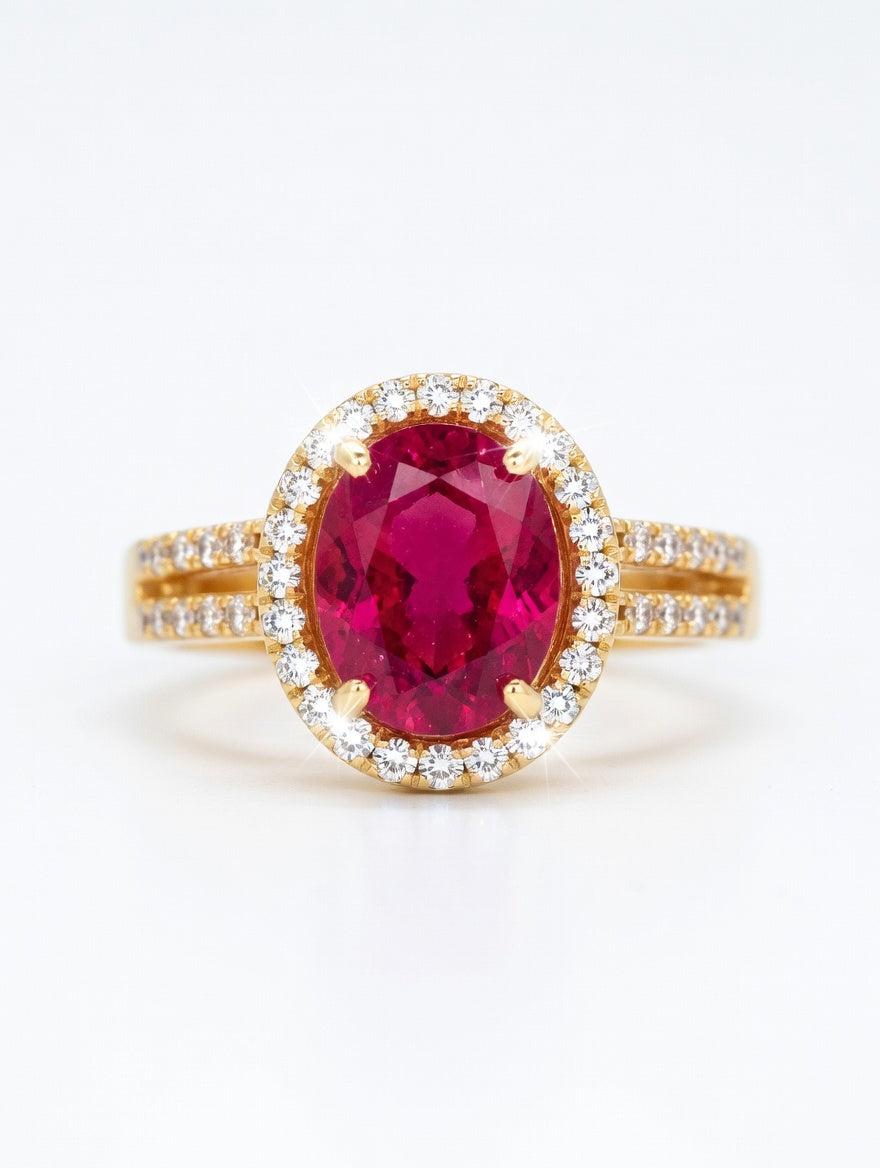 Ashir Studio Ruby Rose crystal halo ring with split pave band, showcasing sparkling gemstones and intricate jewelry design.