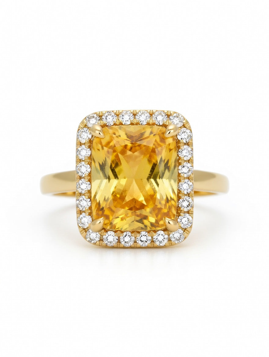 Ashir Studio Radiant Sunshine Citrine Halo Statement Ring featuring a large cushion-cut citrine gemstone and intricate metalwork.